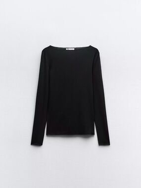 Black Sheer Long-Sleeve Boatneck Top